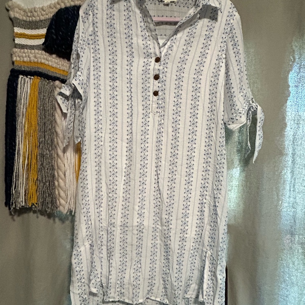 Chic White and Blue Button Down Shirt Dress NEW